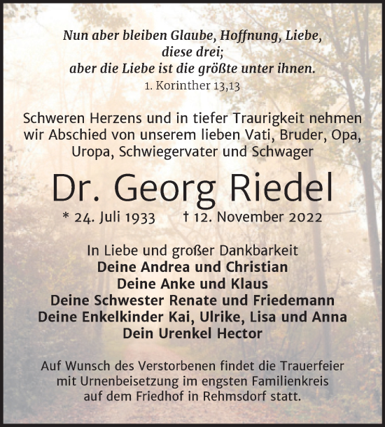 Traueranzeige von Georg Riedel von Trauerkombi Zeitz