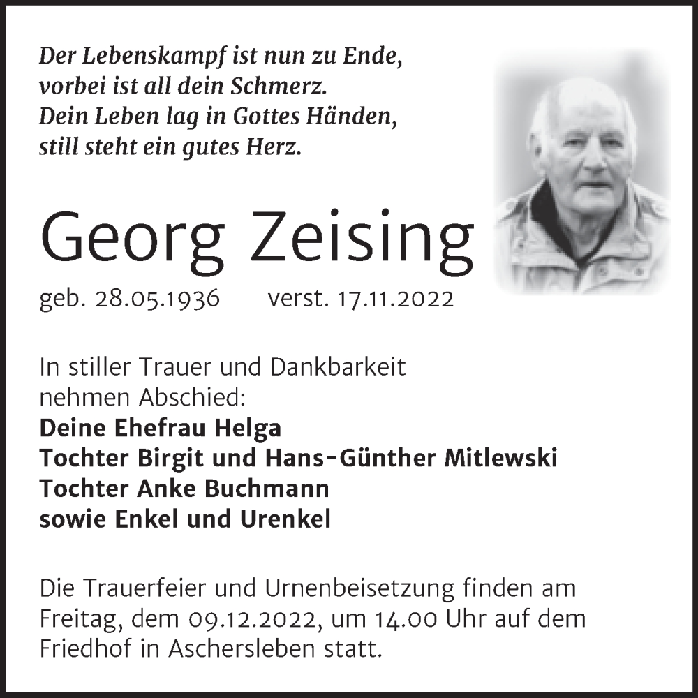  Traueranzeige für Georg Zeising vom 25.11.2022 aus Trauerkombi Aschersleben