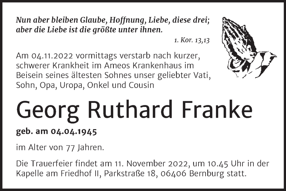  Traueranzeige für Georg Ruthard Franke vom 09.11.2022 aus Mitteldeutsche Zeitung Bernburg