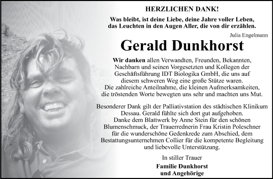 Traueranzeige von Gerald Dunkhorst von Trauerkombi Dessau