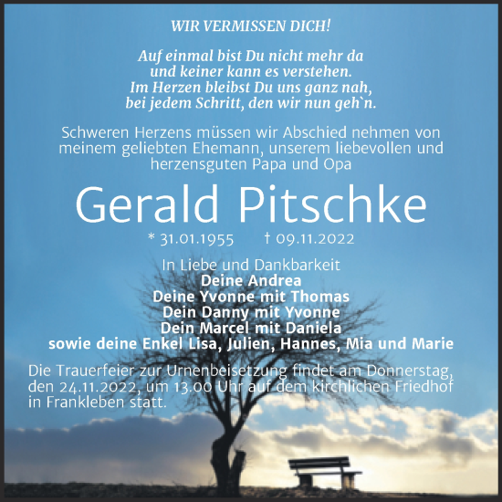Traueranzeige von Gerald Pitschke von Trauerkombi Merseburg