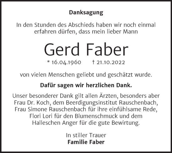 Traueranzeige von Gerd Faber von Wochenspiegel Naumburg/Nebra