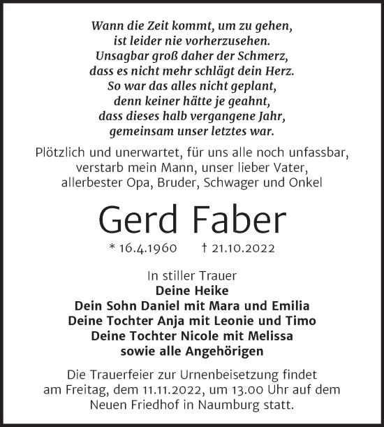 Traueranzeige von Gerd Faber von Wochenspiegel Naumburg/Nebra