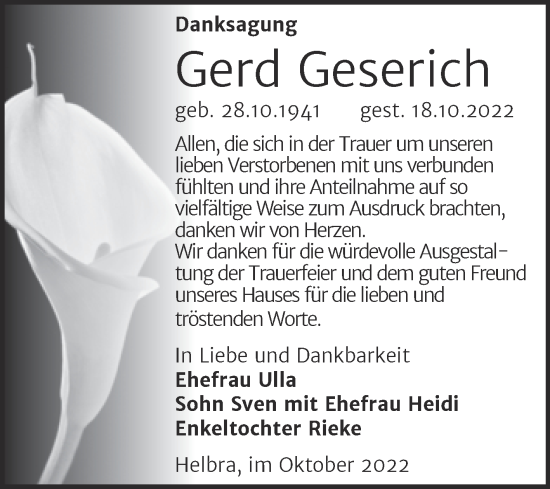 Traueranzeige von Gerd Geserich von Trauerkombi Mansfelder Land