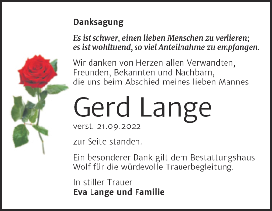 Traueranzeige von Gerd Lange von Trauerkombi Weißenfels
