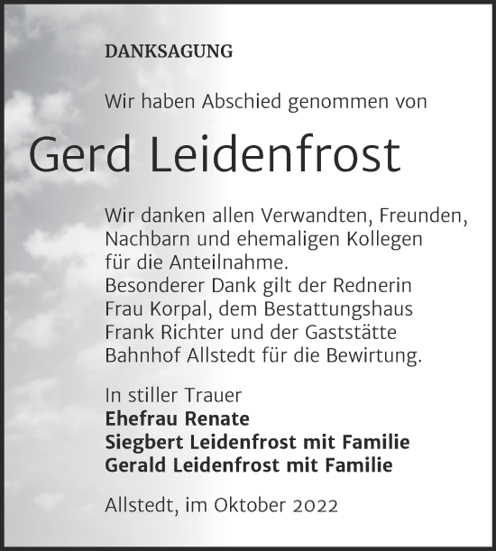 Traueranzeige von Gerd Leidenfrost von Trauerkombi Sangerhausen