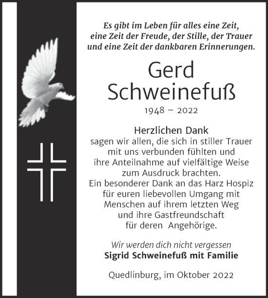 Traueranzeige von Gerd Schweinefuß von Trauerkombi Quedlinburg