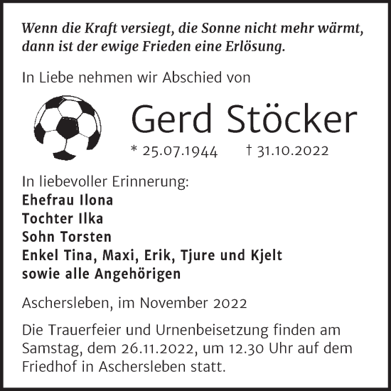 Traueranzeige von Gerd Stöcker von Trauerkombi Aschersleben