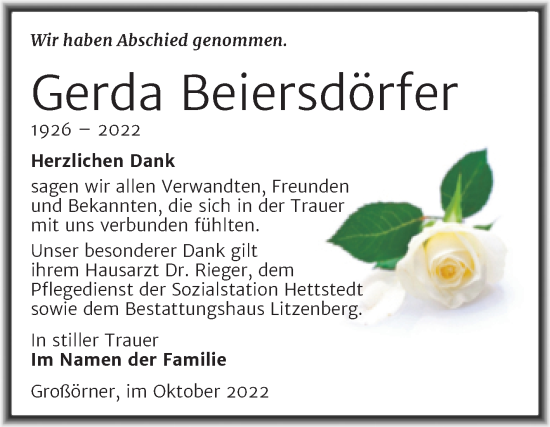 Traueranzeige von Gerda Beiersdörfer von Trauerkombi Mansfelder Land