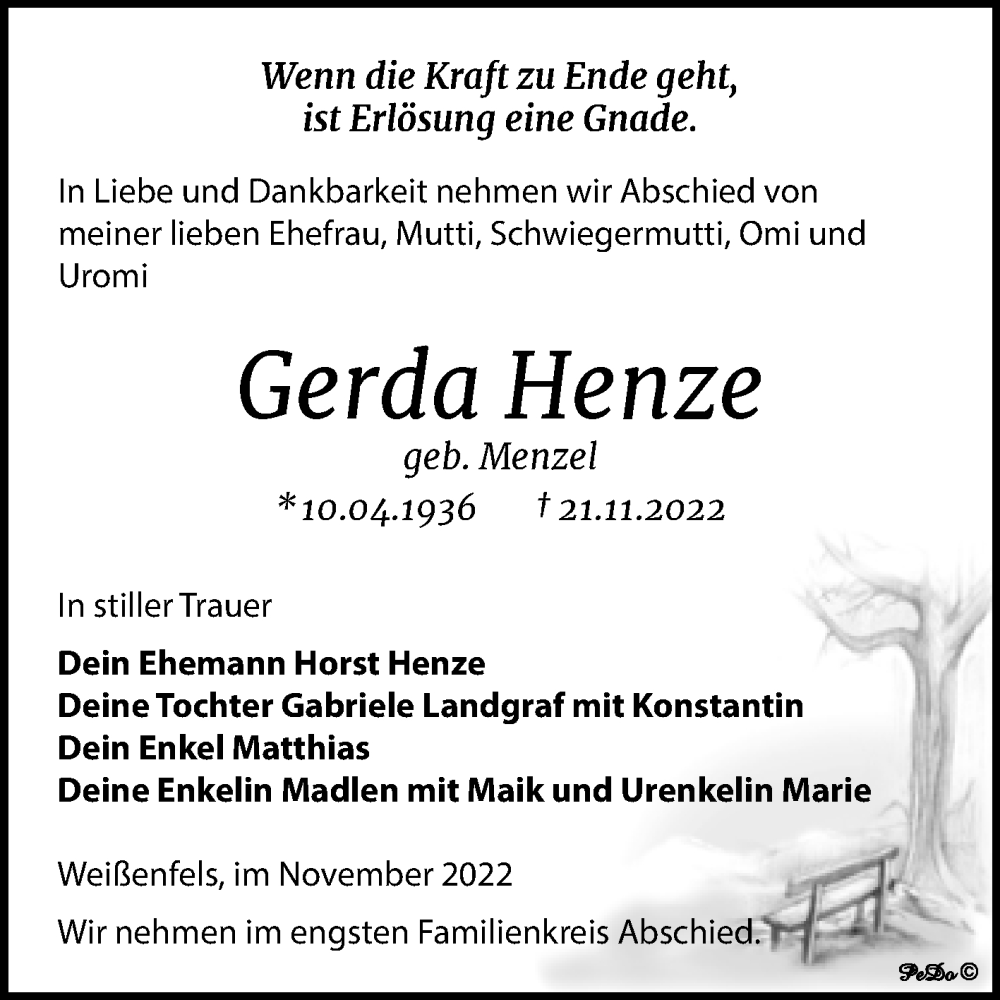  Traueranzeige für Gerda Henze vom 26.11.2022 aus Trauerkombi Weißenfels