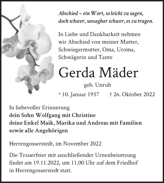 Traueranzeige von Gerda Mäder von Naumburger Tageblatt