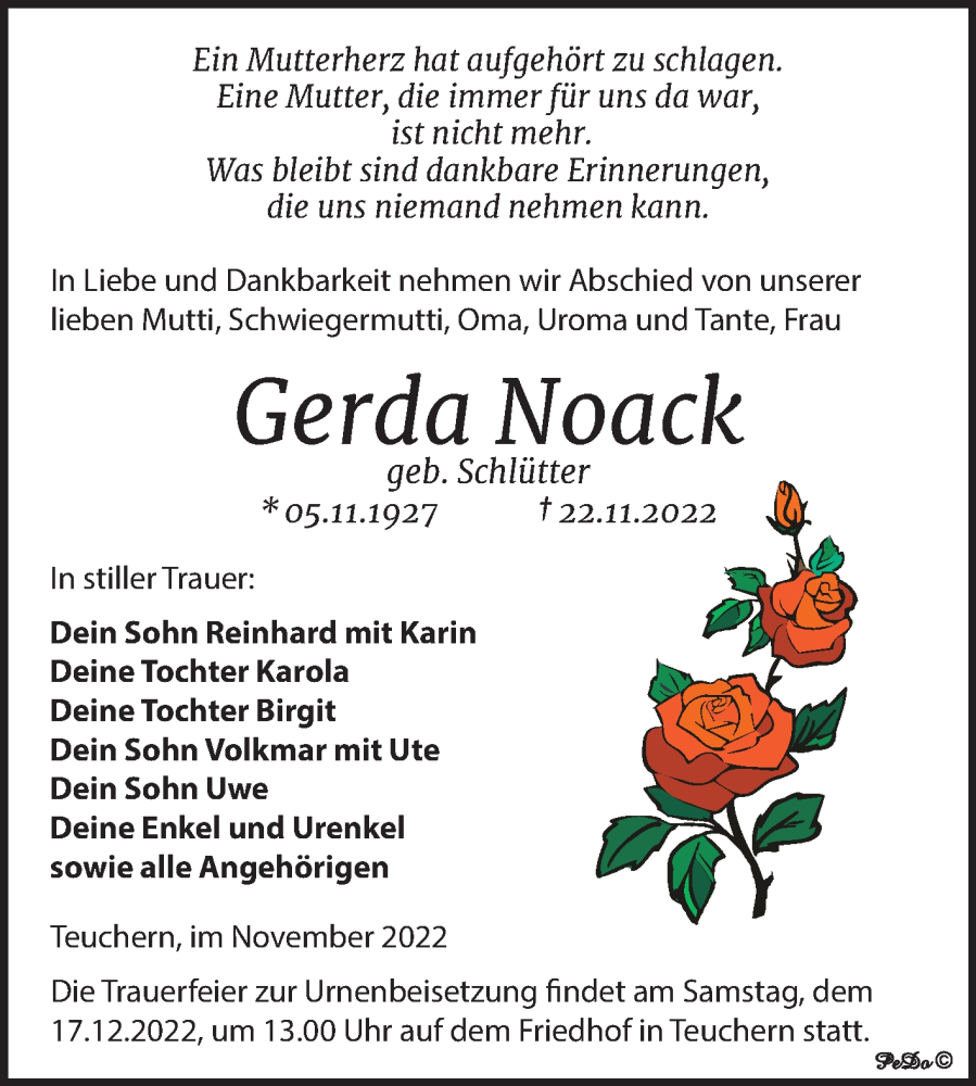  Traueranzeige für Gerda Noack vom 30.11.2022 aus Trauerkombi Weißenfels