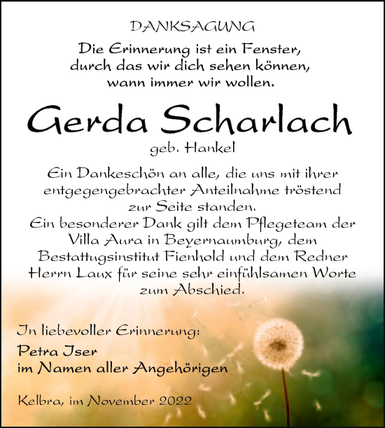 Traueranzeige von Gerda Scharlach von Trauerkombi Sangerhausen