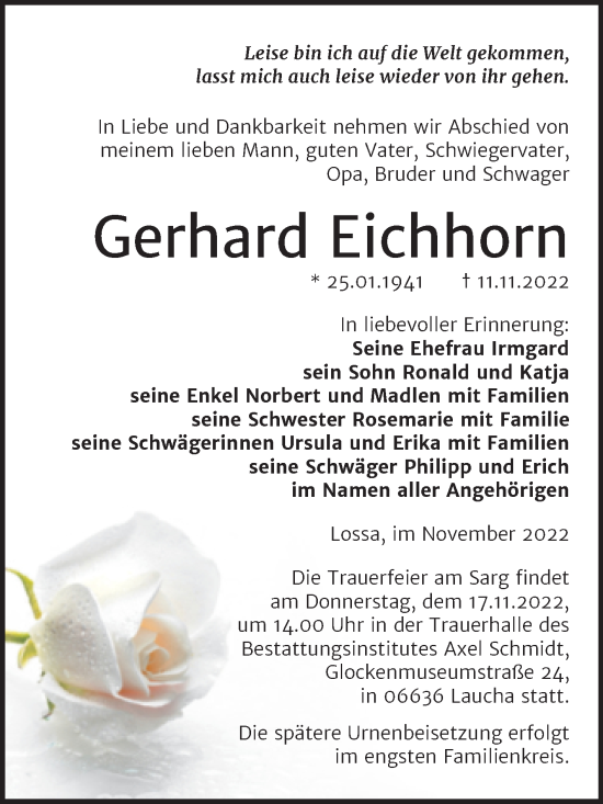 Traueranzeige von Gerhard Eichhorn von Naumburger Tageblatt