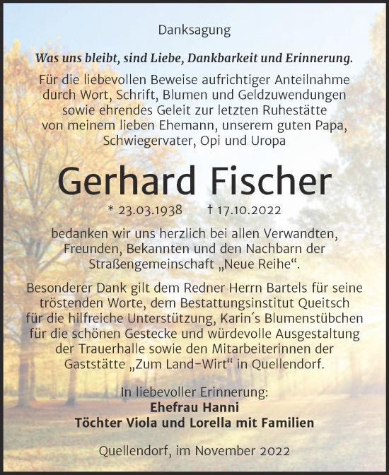 Traueranzeige von Gerhard Fischer von Trauerkombi Köthen