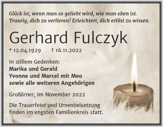Traueranzeige von Gerhard Fulczyk von Trauerkombi Mansfelder Land
