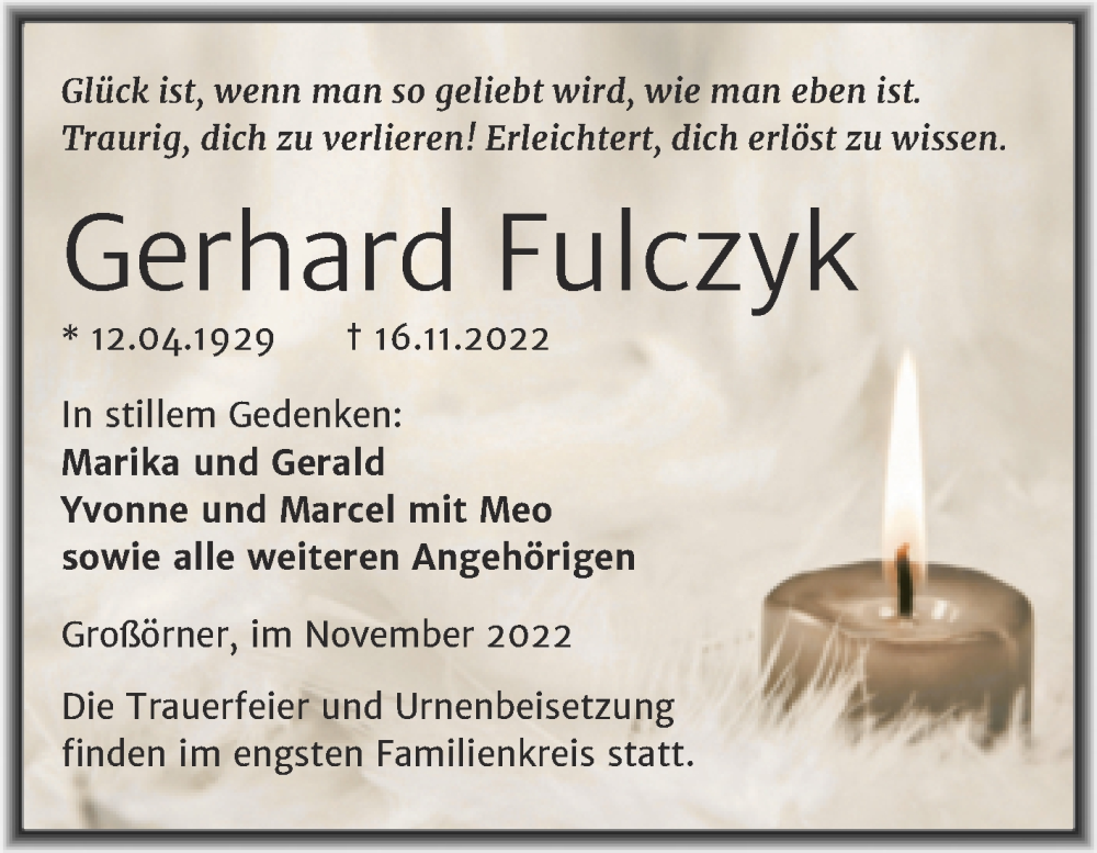  Traueranzeige für Gerhard Fulczyk vom 26.11.2022 aus Trauerkombi Mansfelder Land