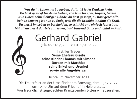 Traueranzeige von Gerhard Gabriel von Trauerkombi Mansfelder Land
