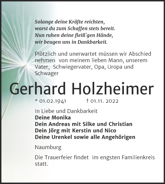 Traueranzeige von Gerhard Holzheimer von Naumburger Tageblatt