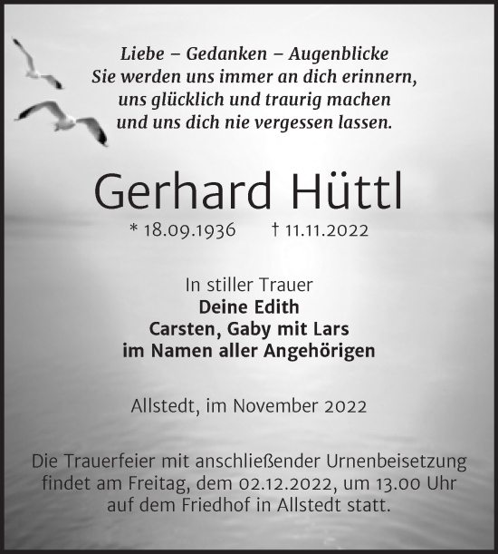 Traueranzeige von Gerhard Hüttl von Trauerkombi Sangerhausen