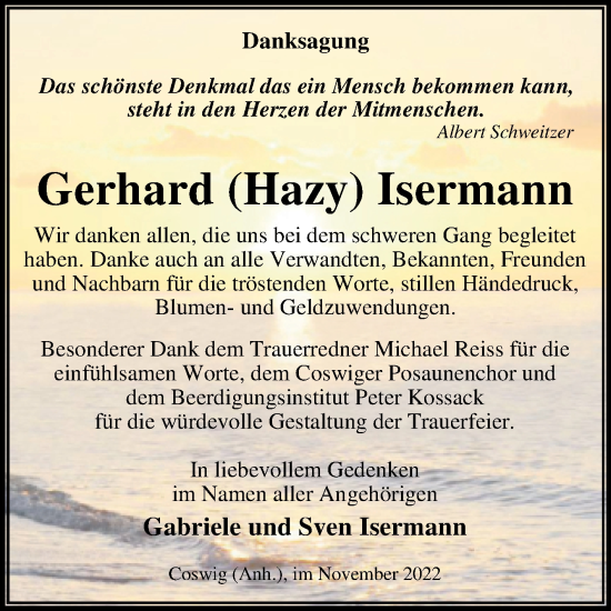 Traueranzeige von Gerhard Isermann von Trauerkombi Wittenberg