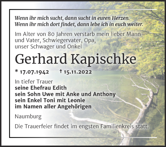 Traueranzeige von Gerhard Kapischke von Wochenspiegel Naumburg/Nebra