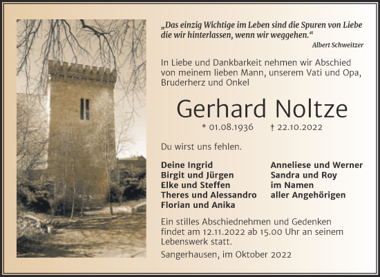 Traueranzeige von Gerhard Noltze von Trauerkombi Sangerhausen