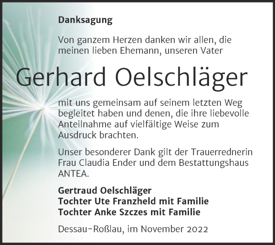 Traueranzeige von Gerhard Oelschläger von Trauerkombi Dessau