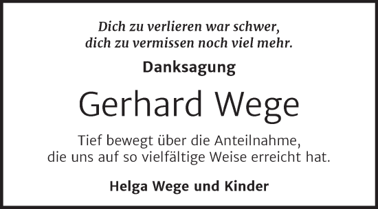 Traueranzeige von Gerhard Wege von Wochenspiegel Naumburg/Nebra