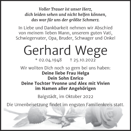 Traueranzeige von Gerhard Wege von Wochenspiegel Naumburg/Nebra