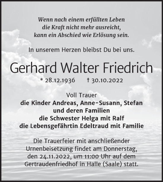 Traueranzeige von Gerhard Walter Friedrich von Mitteldeutsche Zeitung Halle/Saalkreis