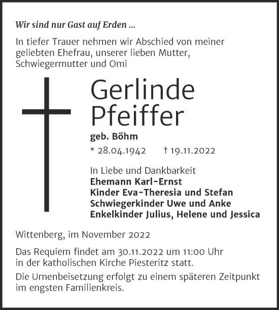 Traueranzeige von Gerlinde Pfeiffer von Trauerkombi Wittenberg