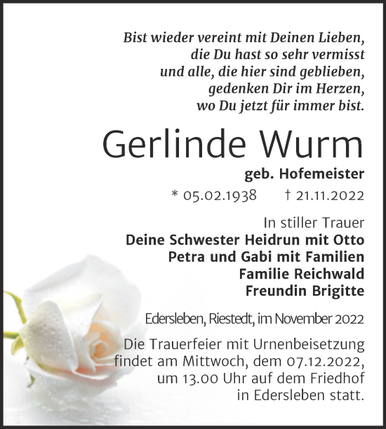 Traueranzeige von Gerlinde Wurm von Trauerkombi Sangerhausen