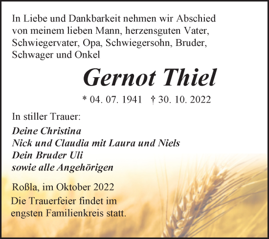 Traueranzeige von Gernot Thiel von Trauerkombi Sangerhausen