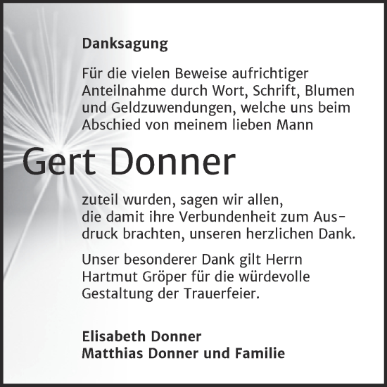 Traueranzeige von Gert Donner von Mitteldeutsche Zeitung Halle/Saalkreis