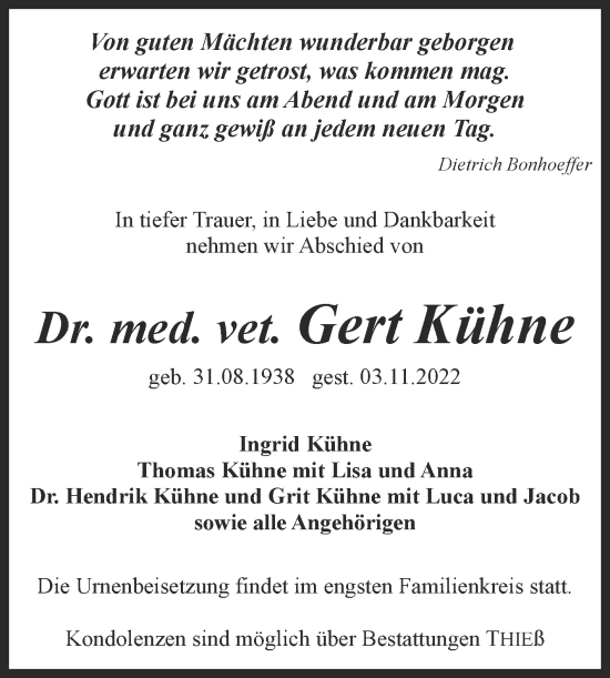 Traueranzeige von Gert Kühne von Trauerkombi Quedlinburg