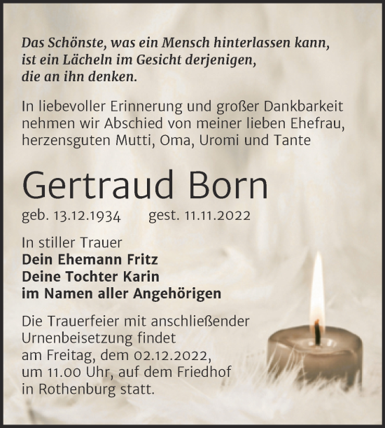Traueranzeige von Gertraud Born von Mitteldeutsche Zeitung Halle/Saalkreis