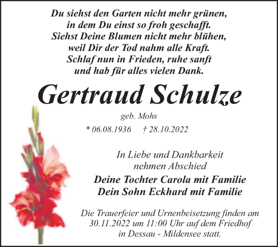 Traueranzeige von Gertraud Schulze von Trauerkombi Dessau