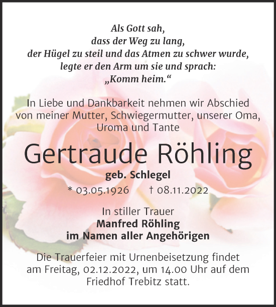 Traueranzeige von Gertraude Röhling von Trauerkombi Bernburg