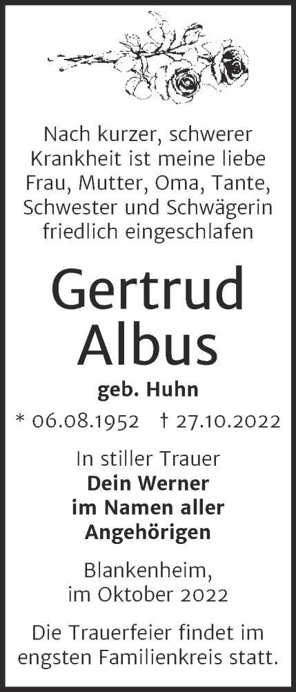 Traueranzeige von Gertrud Albus von Trauerkombi Sangerhausen