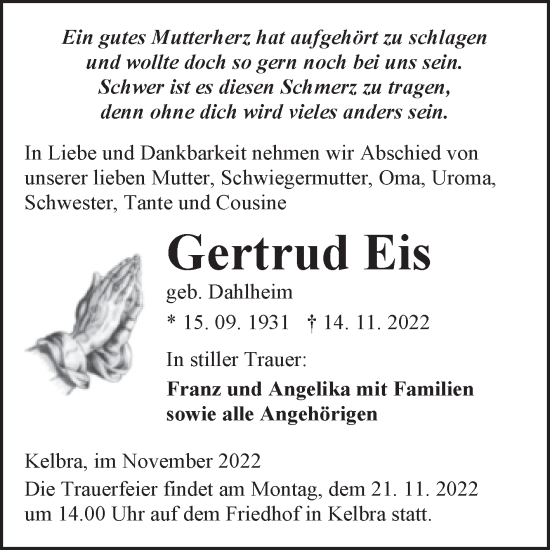 Traueranzeige von Gertrud Eis von Trauerkombi Sangerhausen