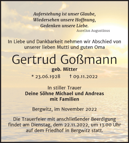 Traueranzeige von Gertrud Goßmann von Trauerkombi Wittenberg
