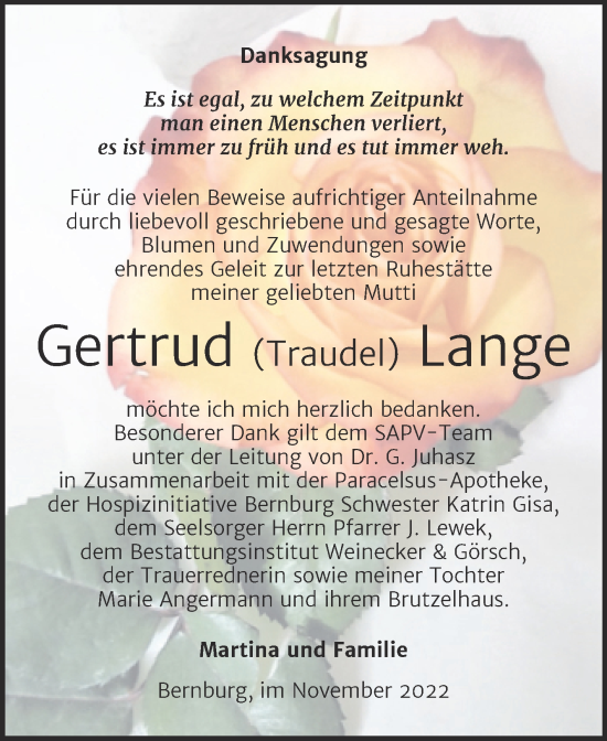 Traueranzeige von Gertrud Lange von Trauerkombi Bernburg