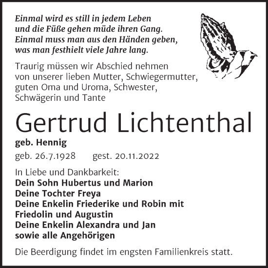 Traueranzeige von Gertrud Lichtenthal von Trauerkombi Wittenberg