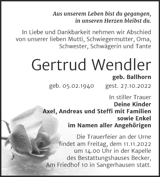 Traueranzeige von Gertrud Wendler von Trauerkombi Sangerhausen