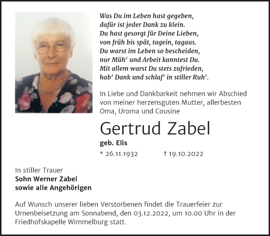 Traueranzeige von Gertrud Zabel von Trauerkombi Mansfelder Land