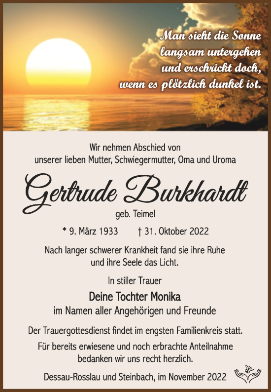 Traueranzeige von Gertrude Burkhardt von Trauerkombi Dessau