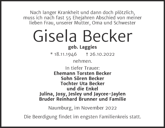 Traueranzeige von Gisela Becker von Naumburger Tageblatt