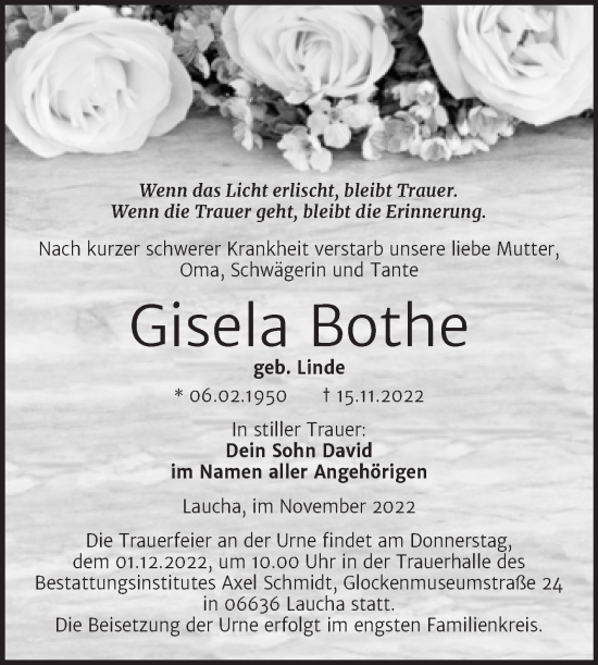 Traueranzeige von Gisela Bothe von Wochenspiegel Naumburg/Nebra