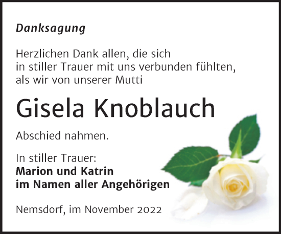 Traueranzeige von Gisela Knoblauch von Trauerkombi Merseburg